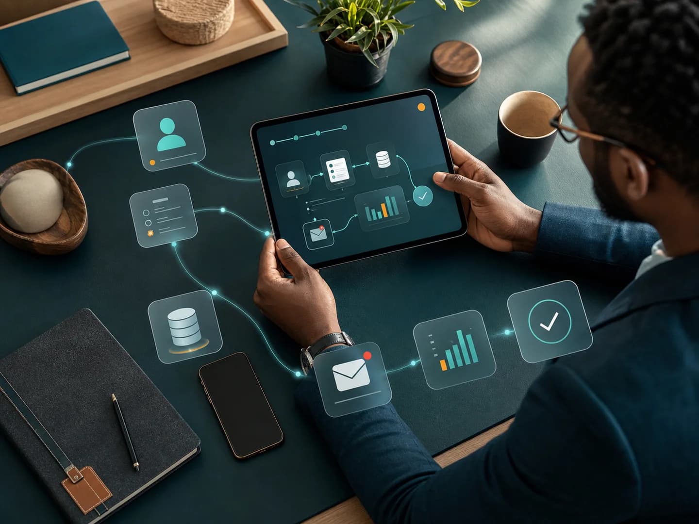 Operations leader managing a connected automated business workflow