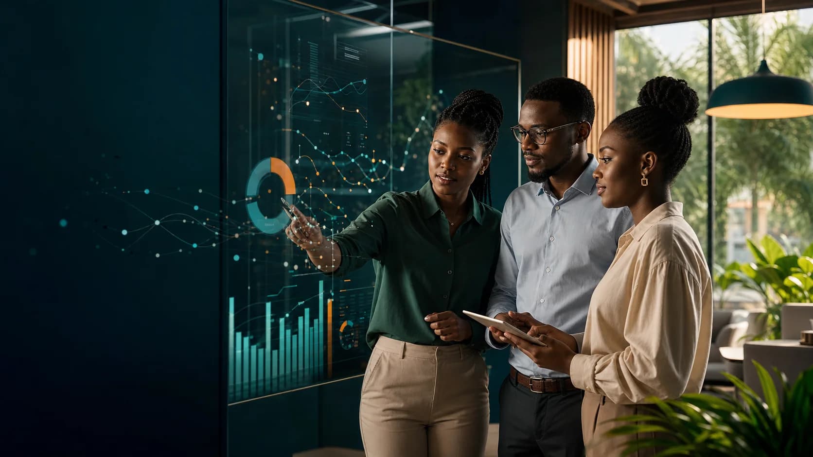 Business leaders collaborating around an intelligent analytics dashboard